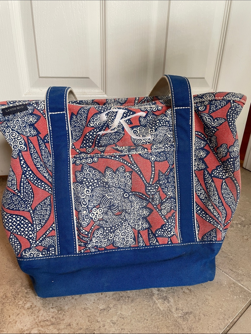 Lands’ End Canvas Tote Bag Medium Pink Blue Floral Preppy Coastal Travel Bag